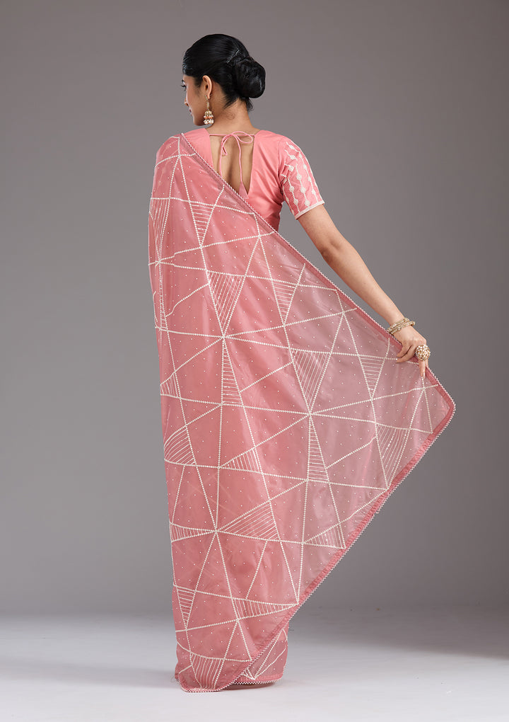Gajari Pink Pearlwork Tissue Saree