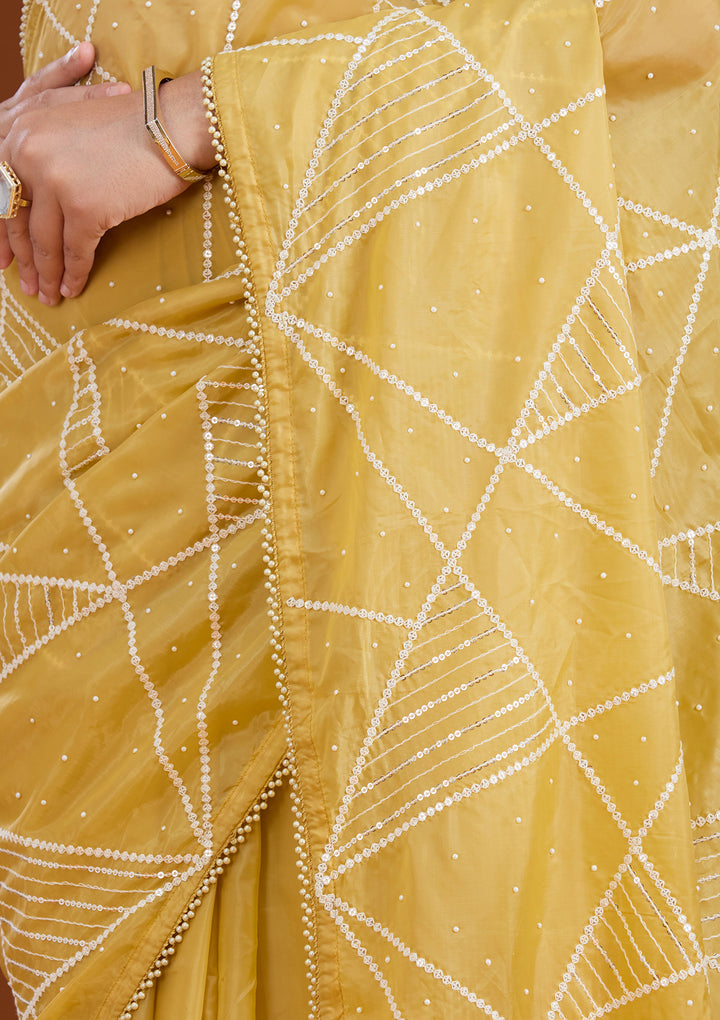 Yellow Pearlwork Tissue Saree