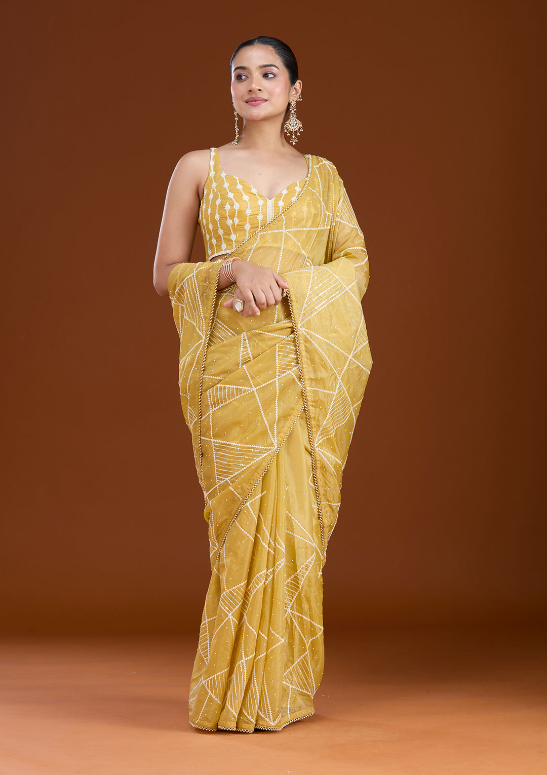 Yellow Pearlwork Tissue Saree