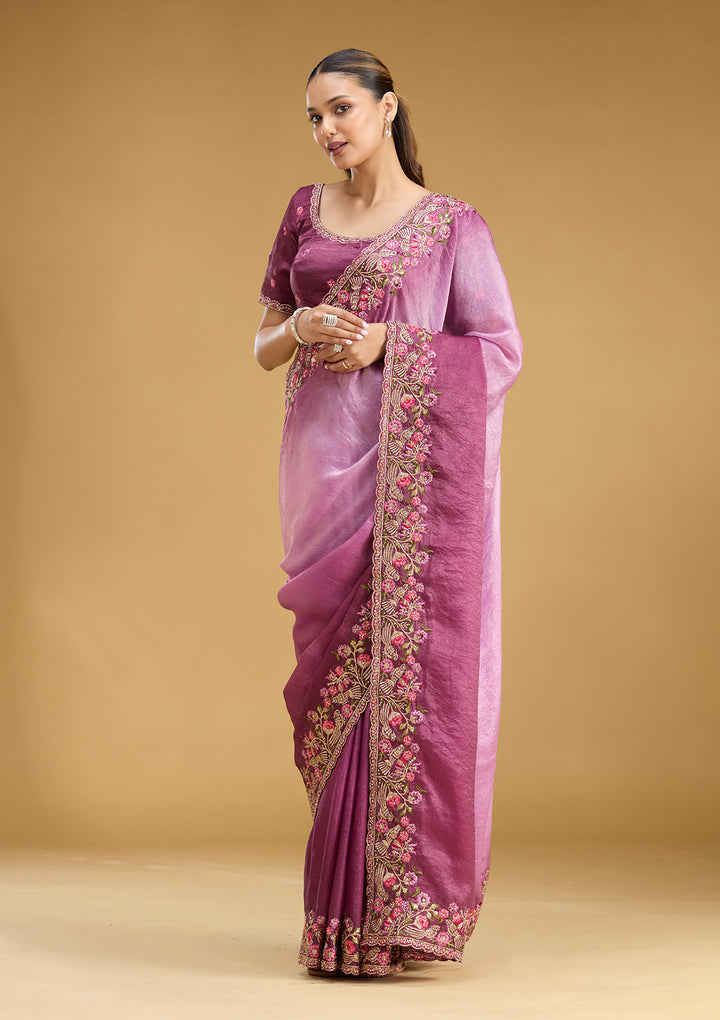 Lavender Tissue Threadwork Saree With Matching Blouse Piece