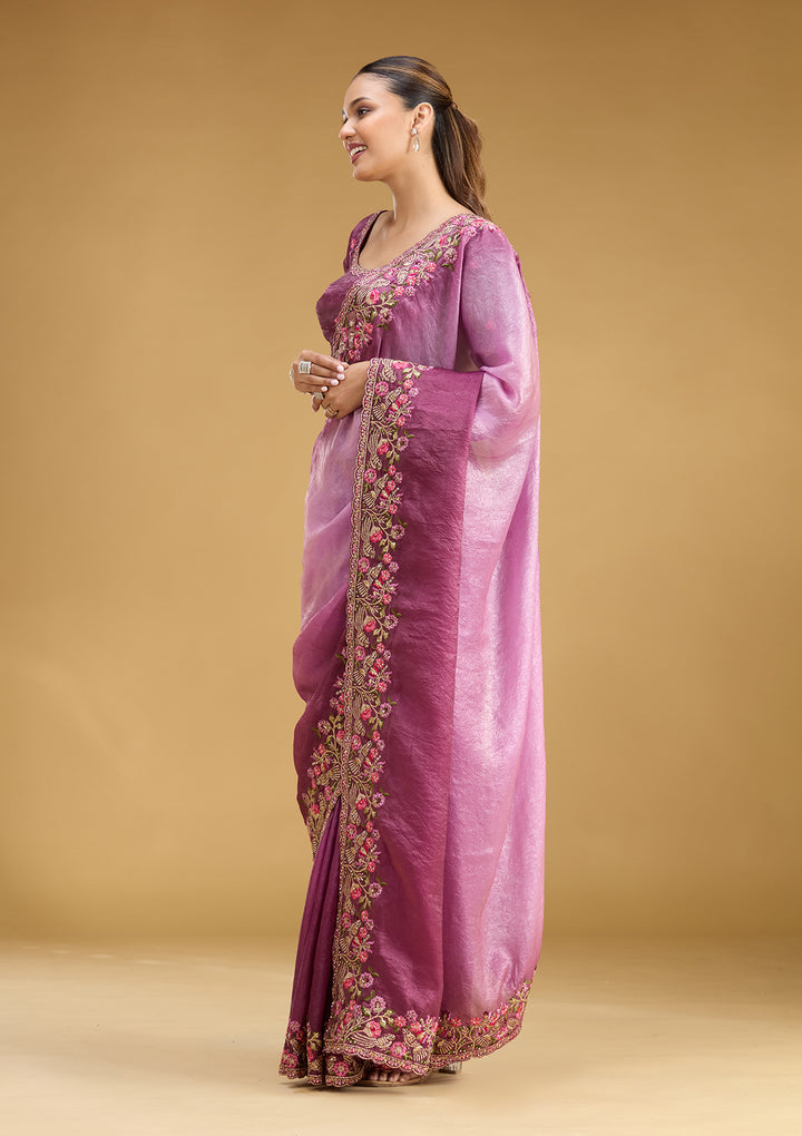 Lavender Tissue Threadwork Saree With Matching Blouse Piece