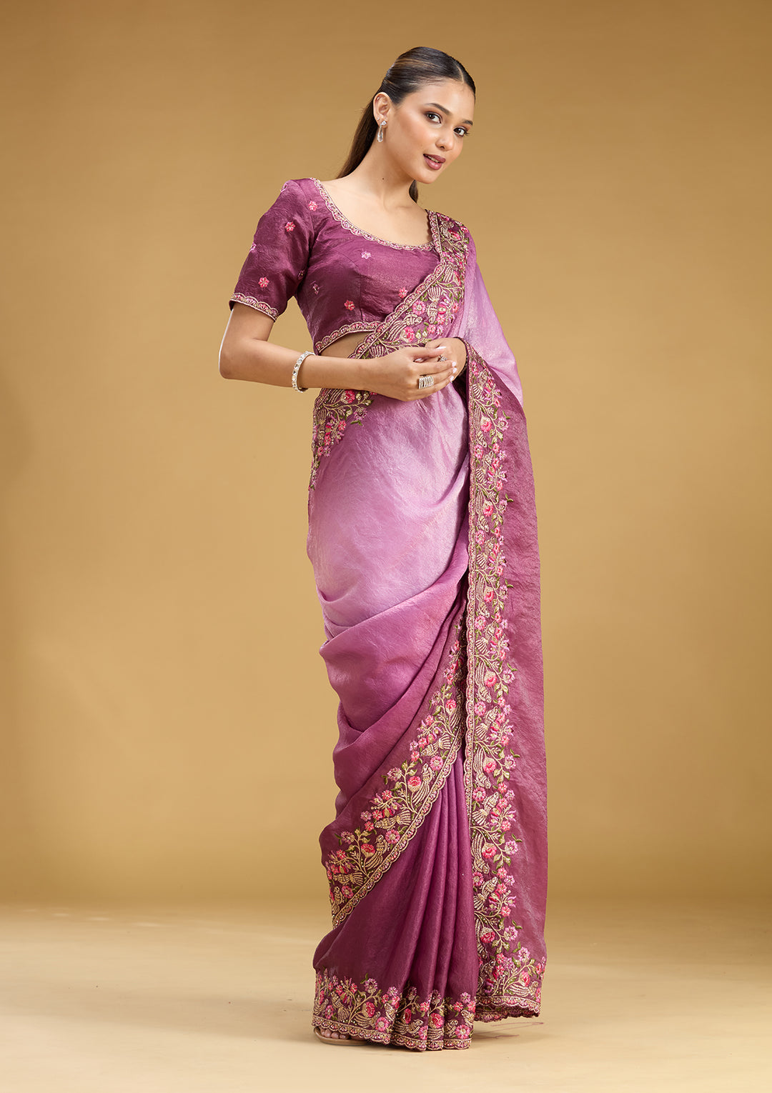 Lavender Tissue Threadwork Saree With Matching Blouse Piece