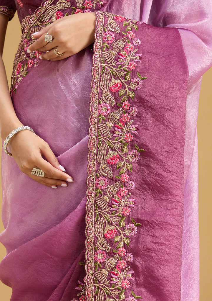 Lavender Tissue Threadwork Saree With Matching Blouse Piece