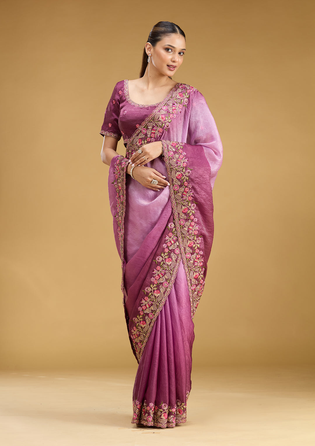 Lavender Tissue Threadwork Saree With Matching Blouse Piece