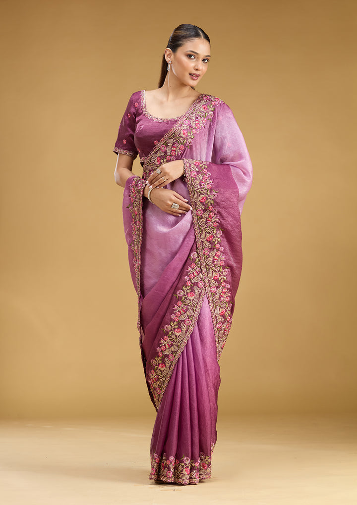Lavender Tissue Threadwork Saree With Matching Blouse Piece
