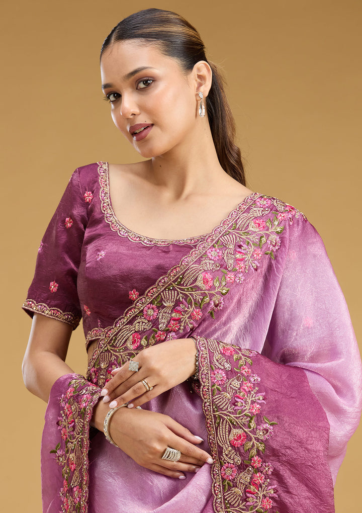 Lavender Tissue Threadwork Saree With Matching Blouse Piece