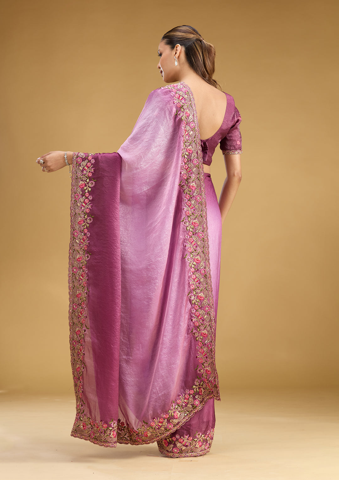 Lavender Tissue Threadwork Saree With Matching Blouse Piece