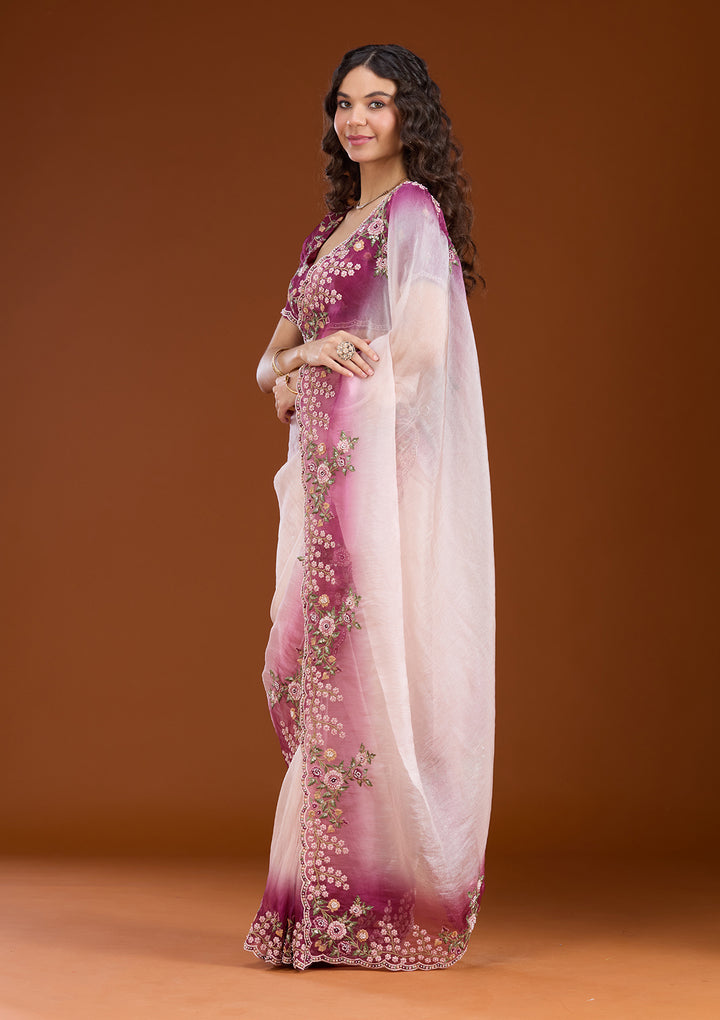 Cream Threadwork Tissue Saree