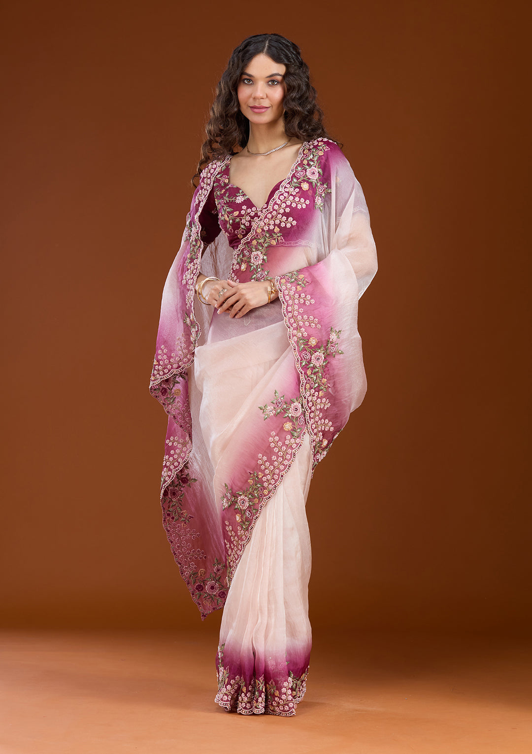 Cream Threadwork Tissue Saree