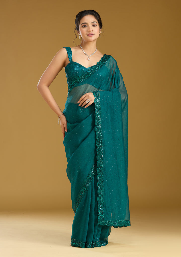 Teal Green Sequins Chiffon Saree