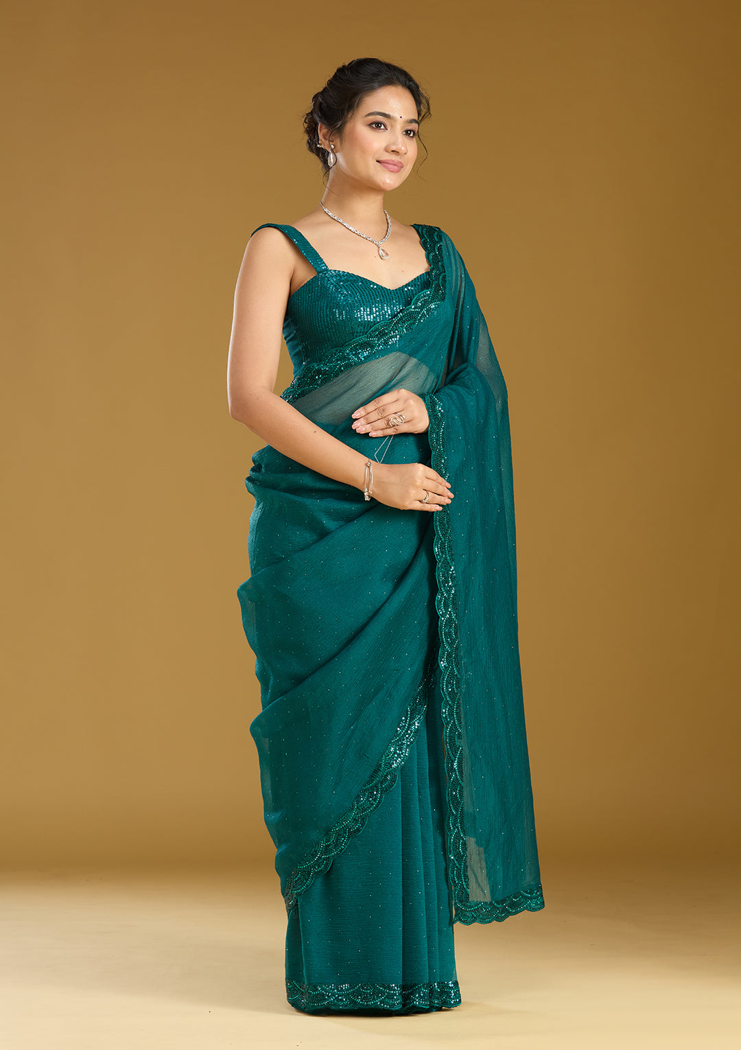 Teal Green Sequins Chiffon Saree