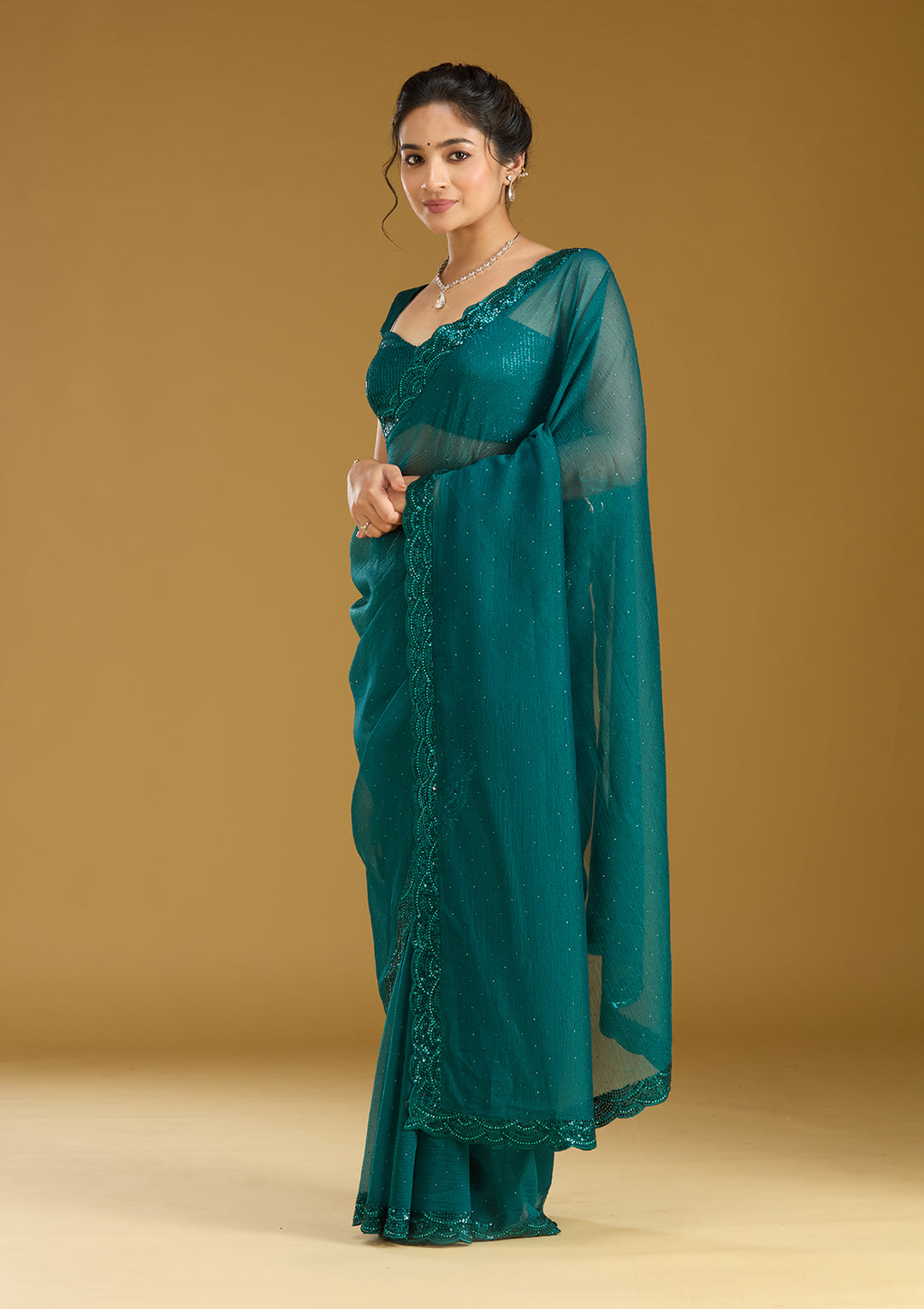 Teal Green Sequins Chiffon Saree