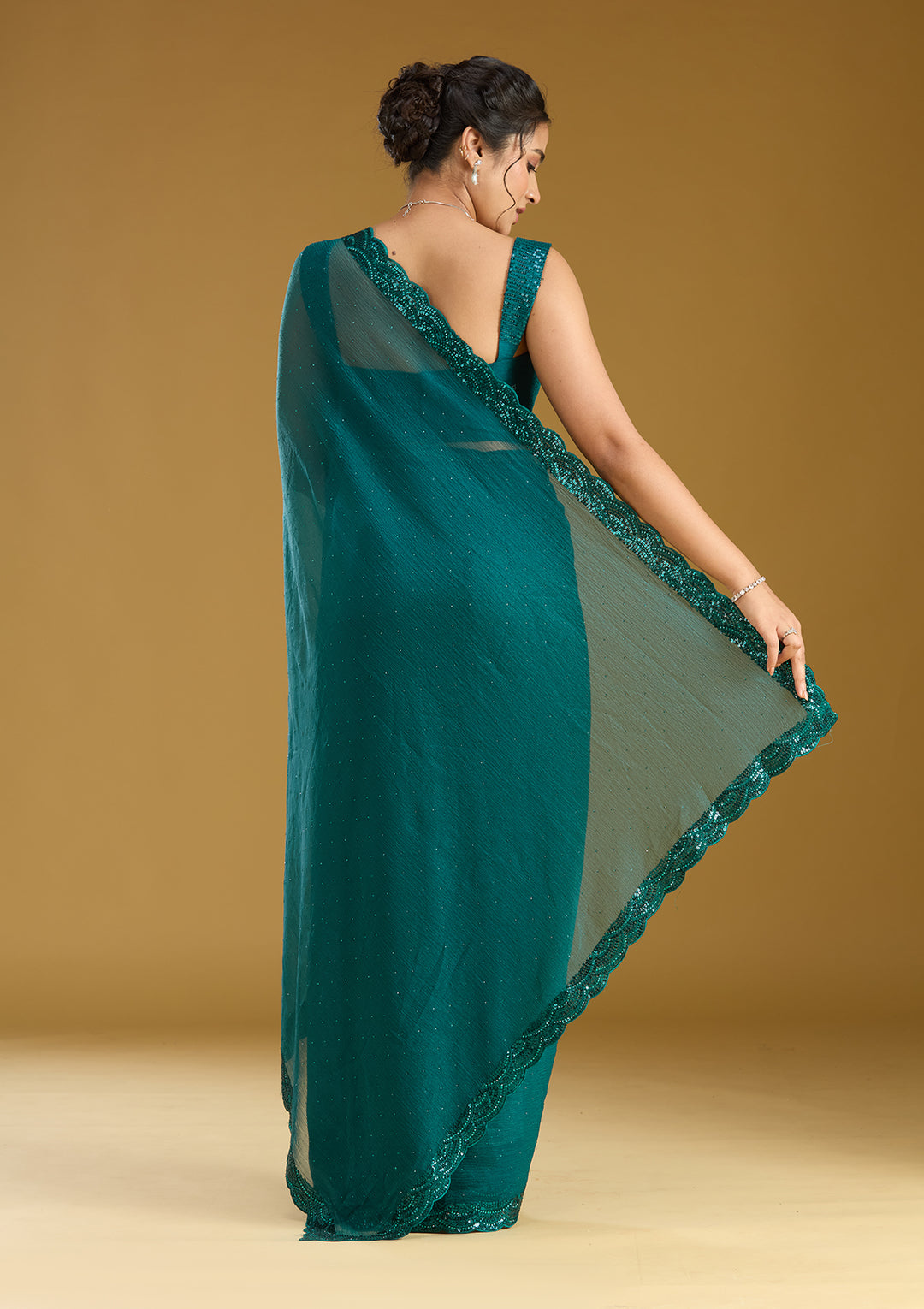 Teal Green Sequins Chiffon Saree