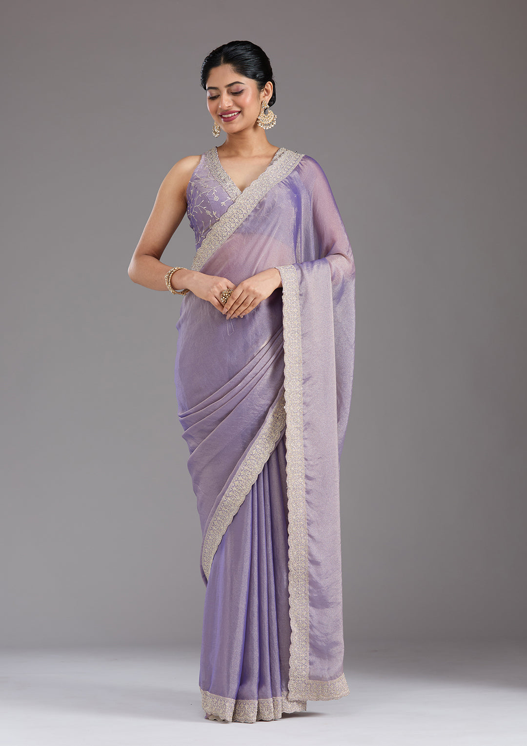 Lavender Tissue Silver Zariwork Saree With Matching Blouse Piece