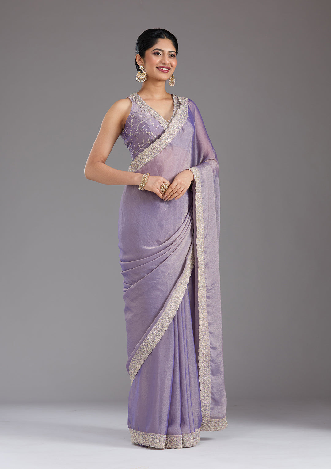 Lavender Tissue Silver Zariwork Saree With Matching Blouse Piece