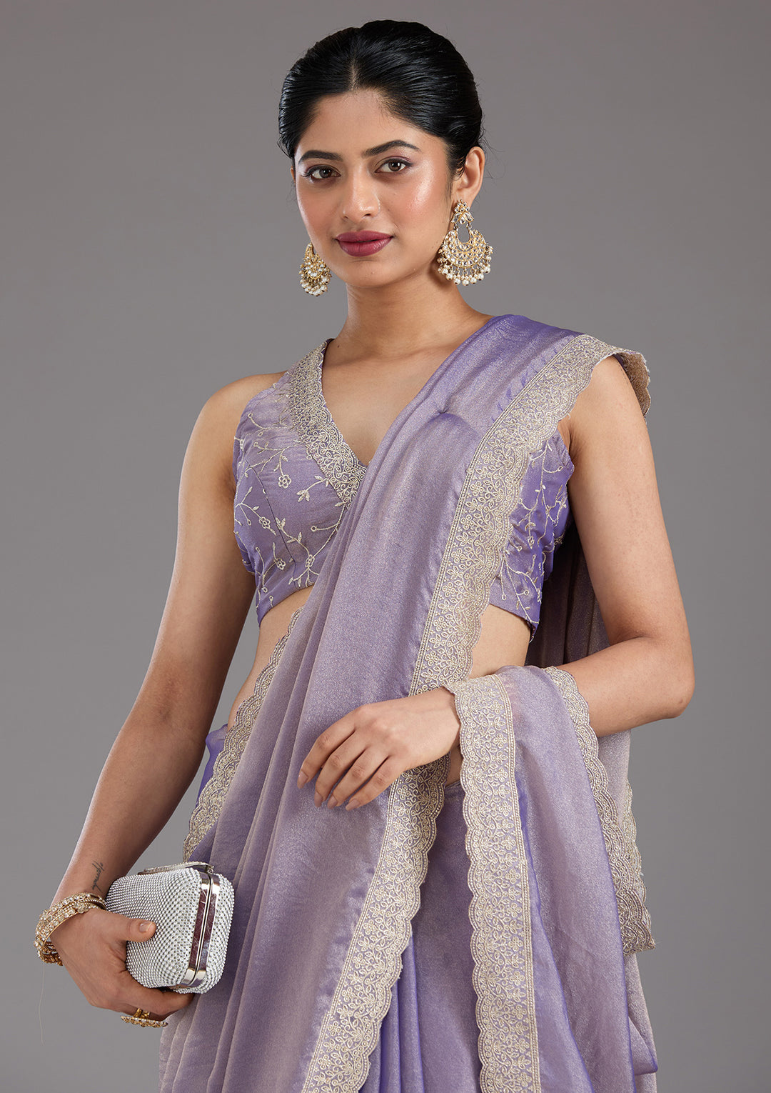 Lavender Tissue Silver Zariwork Saree With Matching Blouse Piece