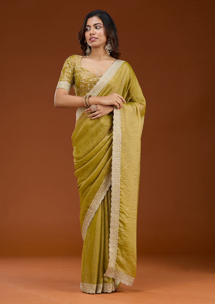 Lime Green Tissue Silver Zariwork Saree With Matching Blouse Piece