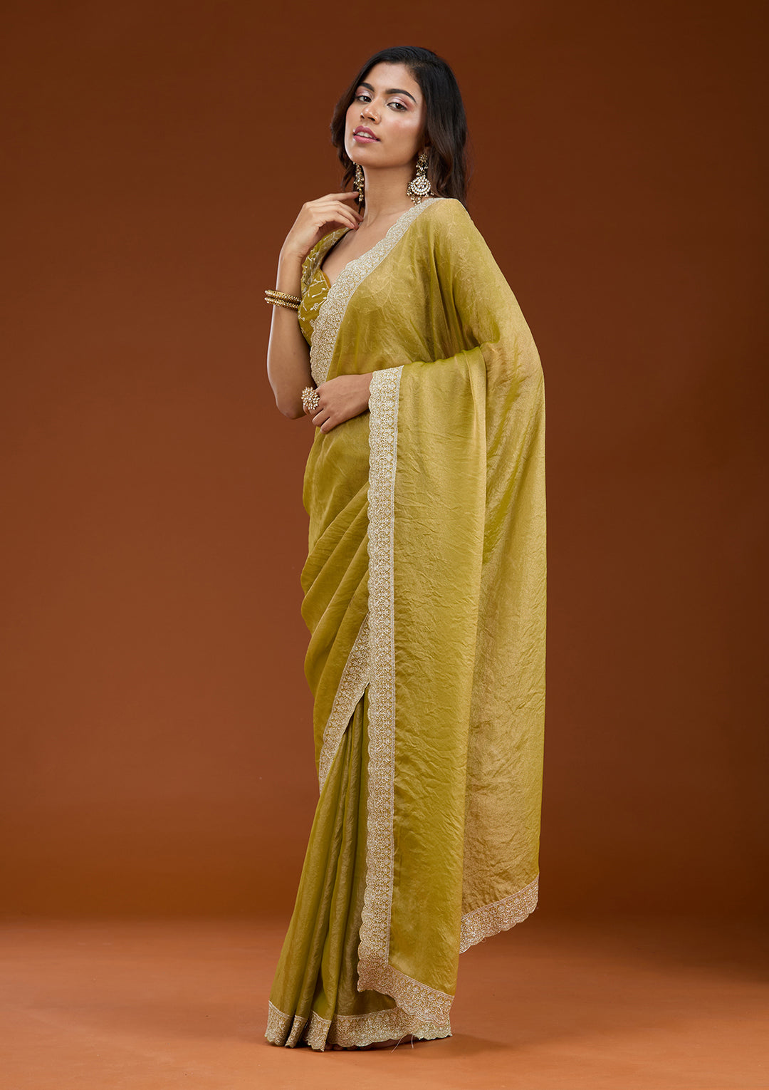 Lime Green Tissue Silver Zariwork Saree With Matching Blouse Piece