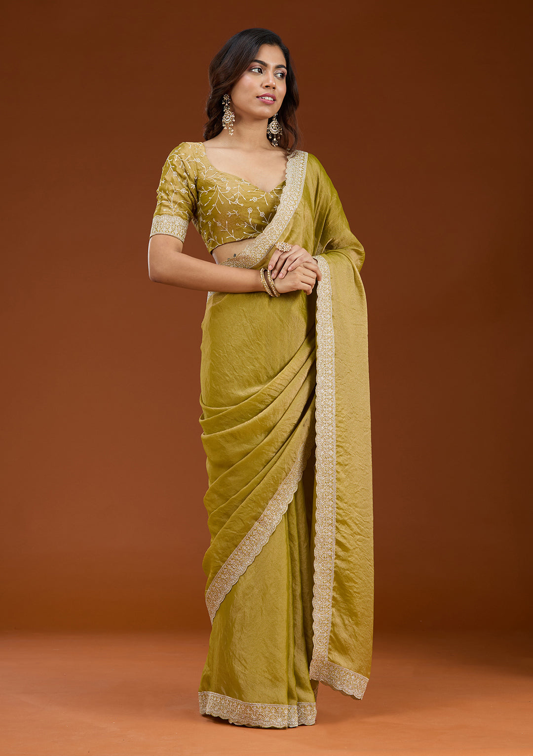 Lime Green Tissue Silver Zariwork Saree With Matching Blouse Piece