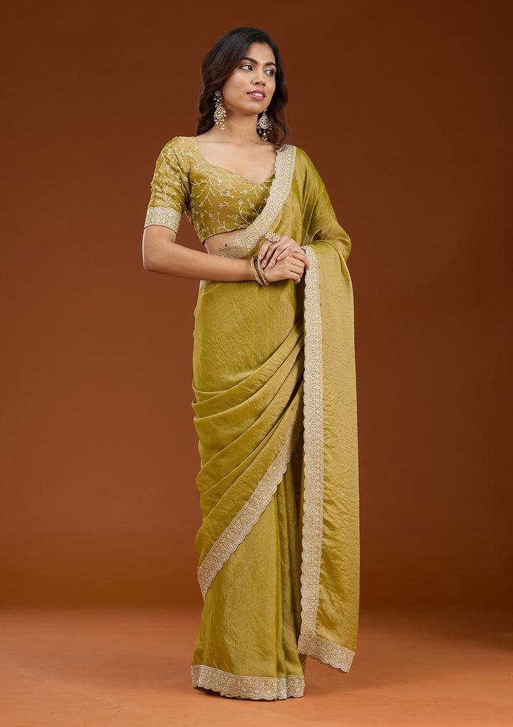 Lime Green Tissue Silver Zariwork Saree With Matching Blouse Piece