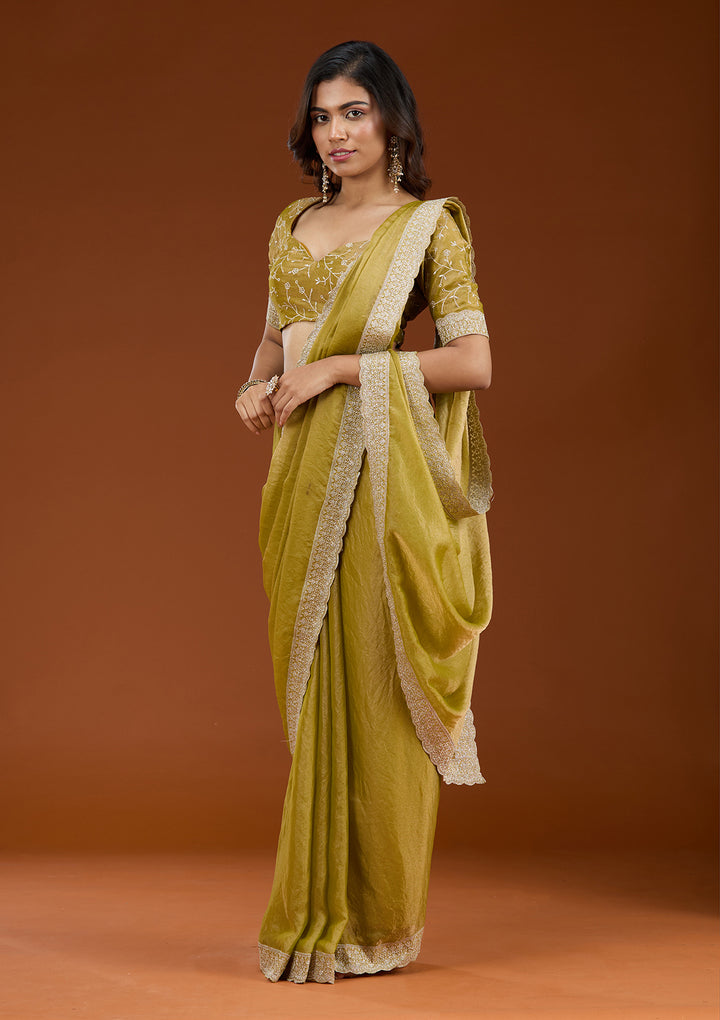 Lime Green Tissue Silver Zariwork Saree With Matching Blouse Piece