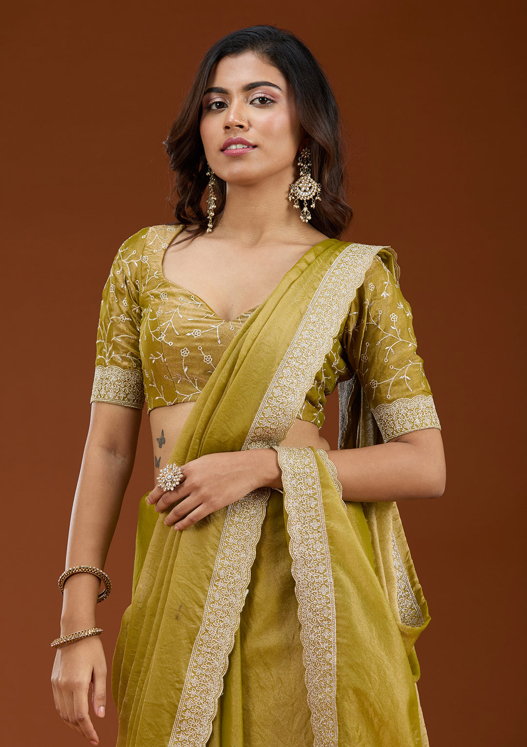 Lime Green Tissue Silver Zariwork Saree With Matching Blouse Piece