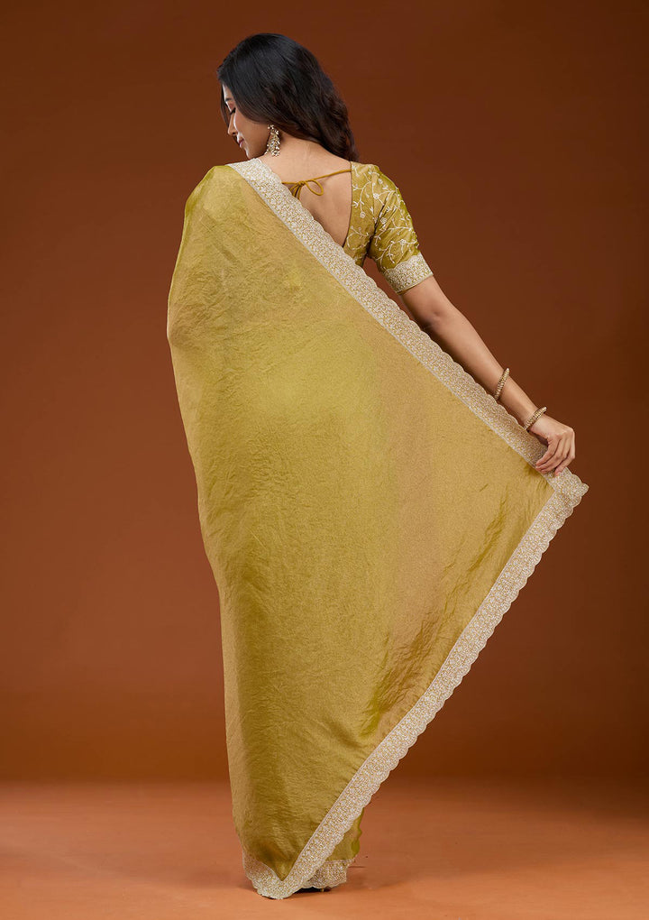 Lime Green Tissue Silver Zariwork Saree With Matching Blouse Piece
