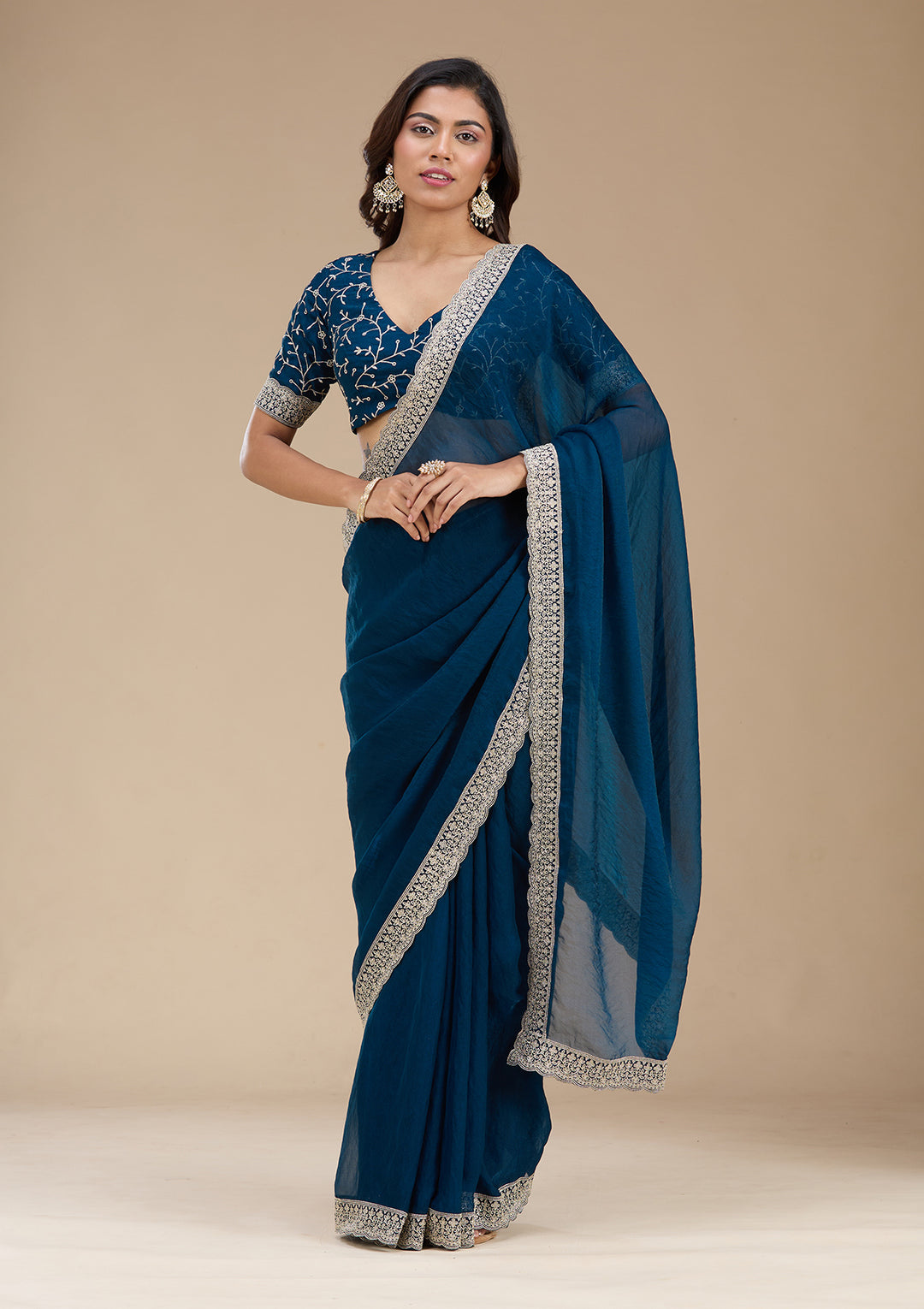 Navy Blue Tissue Silver Zariwork Saree With Matching Blouse Piece