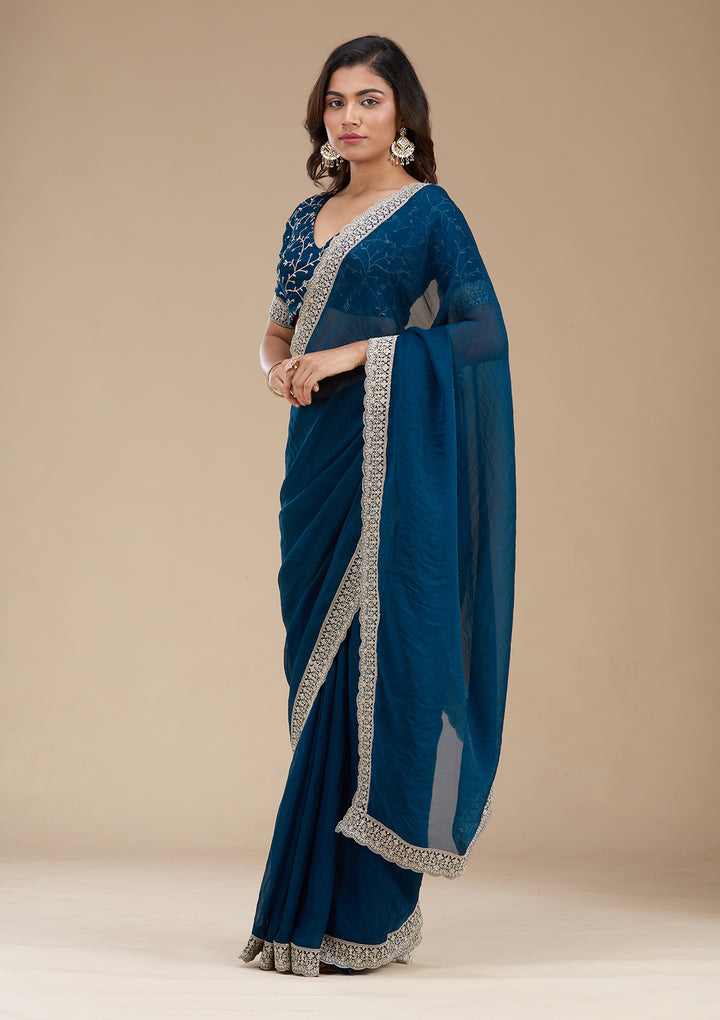 Navy Blue Tissue Silver Zariwork Saree With Matching Blouse Piece