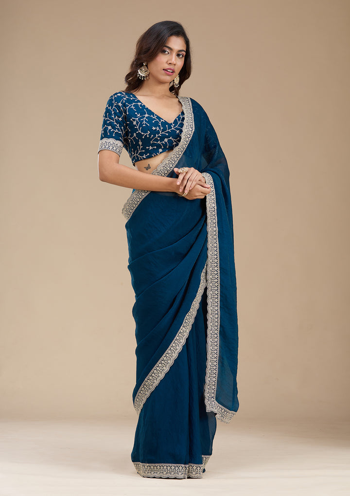 Navy Blue Tissue Silver Zariwork Saree With Matching Blouse Piece