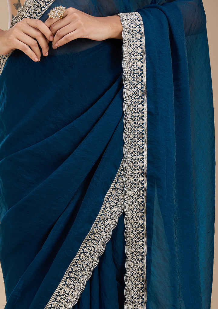 Navy Blue Tissue Silver Zariwork Saree With Matching Blouse Piece