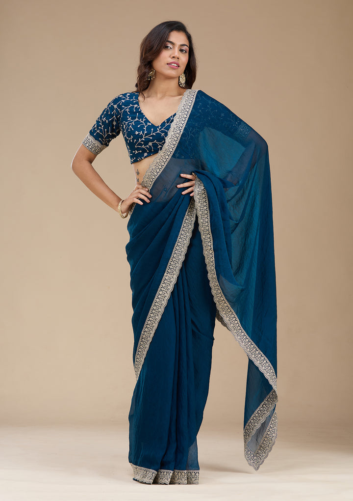 Navy Blue Tissue Silver Zariwork Saree With Matching Blouse Piece