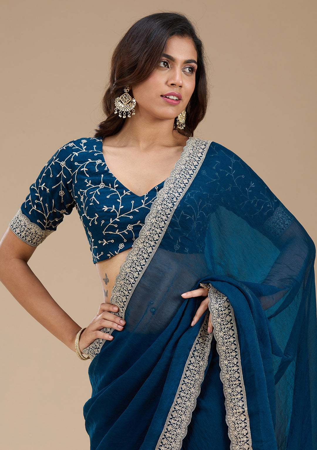 Navy Blue Tissue Silver Zariwork Saree With Matching Blouse Piece