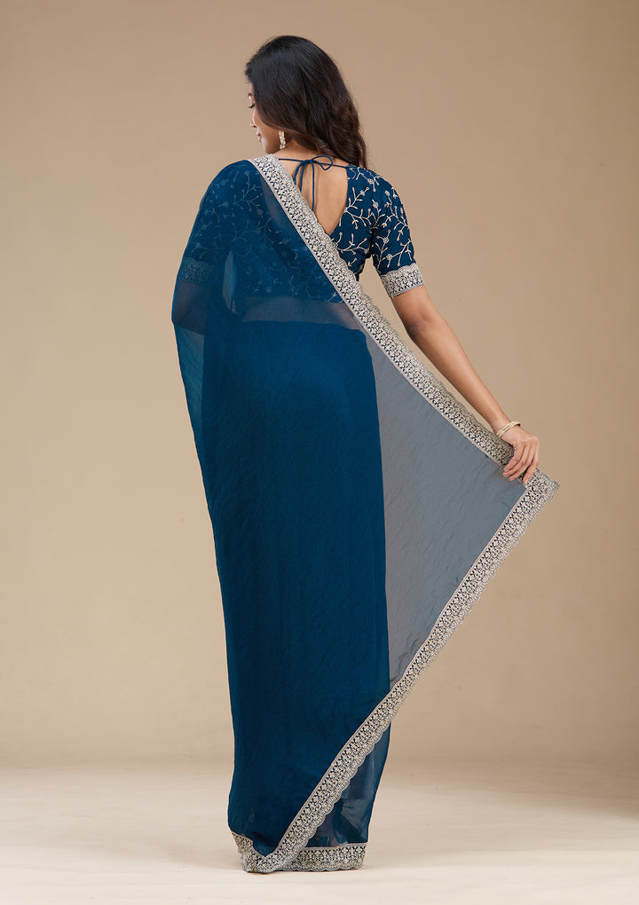 Navy Blue Tissue Silver Zariwork Saree With Matching Blouse Piece