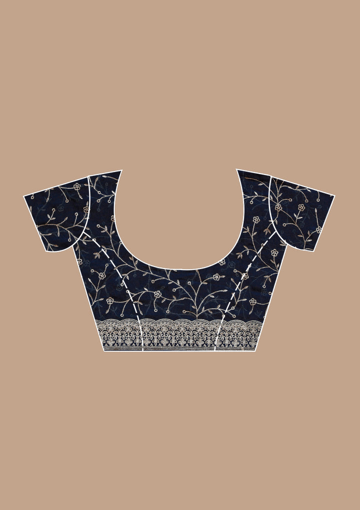 Navy Blue Tissue Silver Zariwork Saree With Matching Blouse Piece