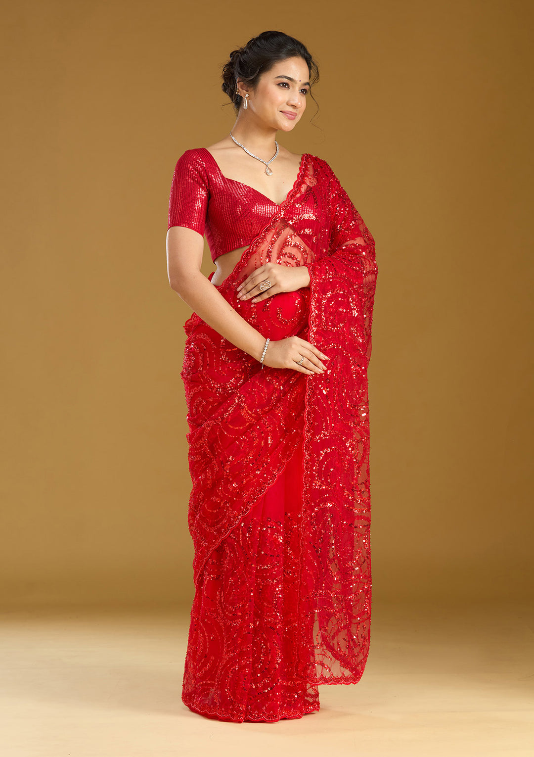 Maroon Sequins Net Saree