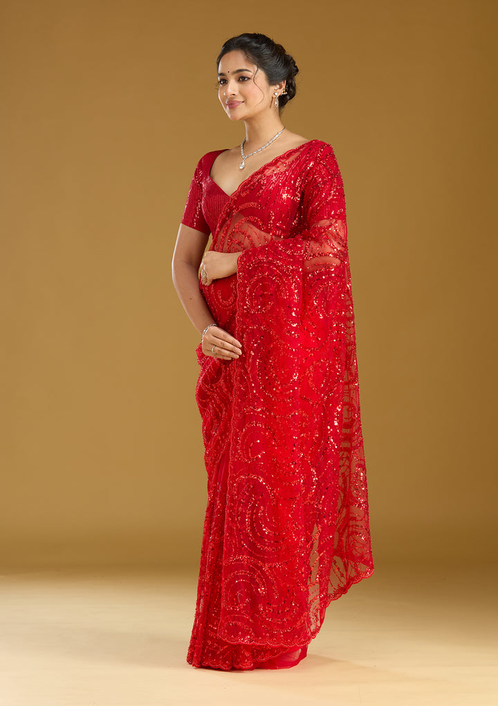 Maroon Sequins Net Saree