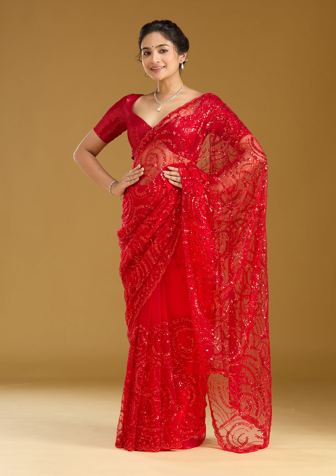 Maroon Sequins Net Saree