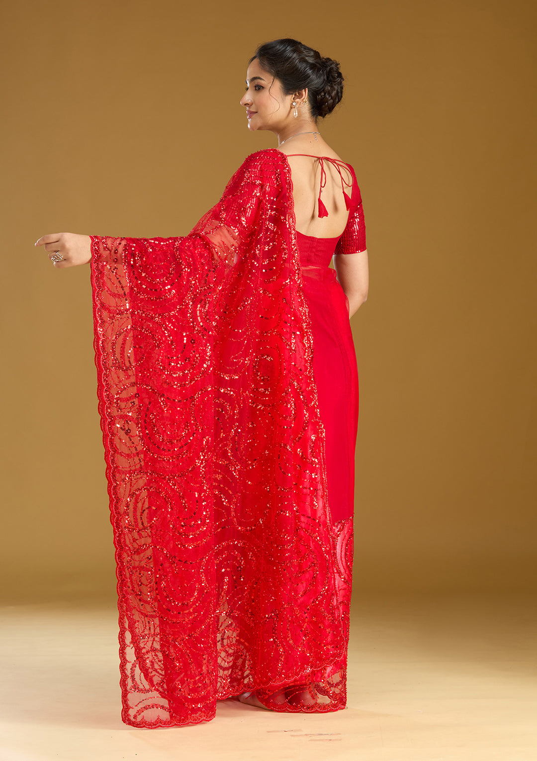 Maroon Sequins Net Saree