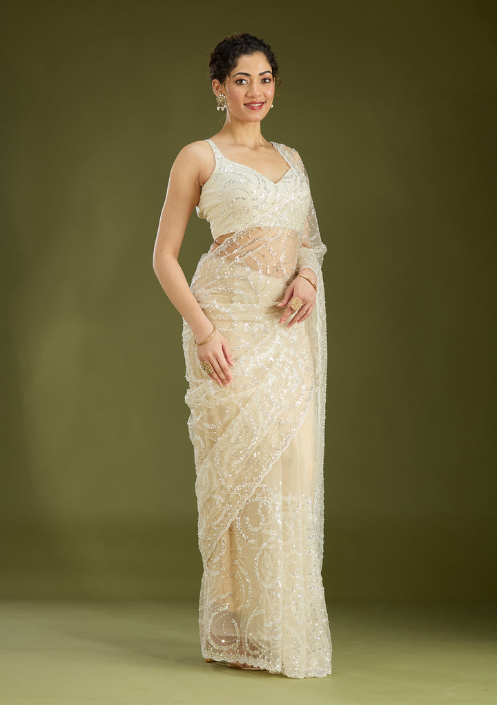 Off White Sequins Net Saree