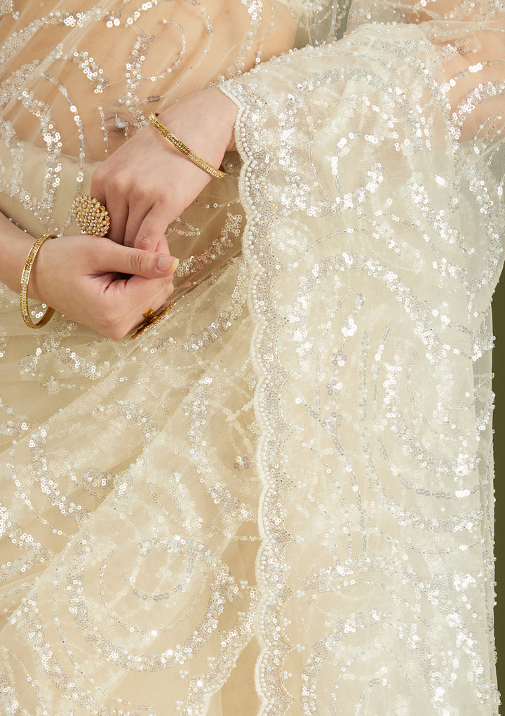 Off White Sequins Net Saree
