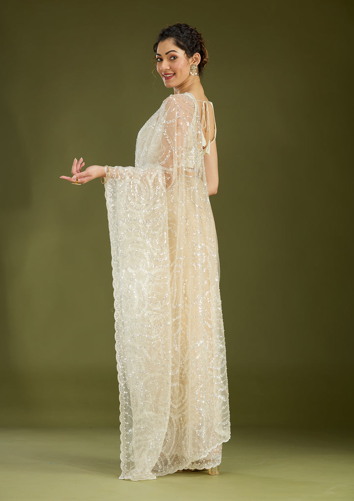 Off White Sequins Net Saree