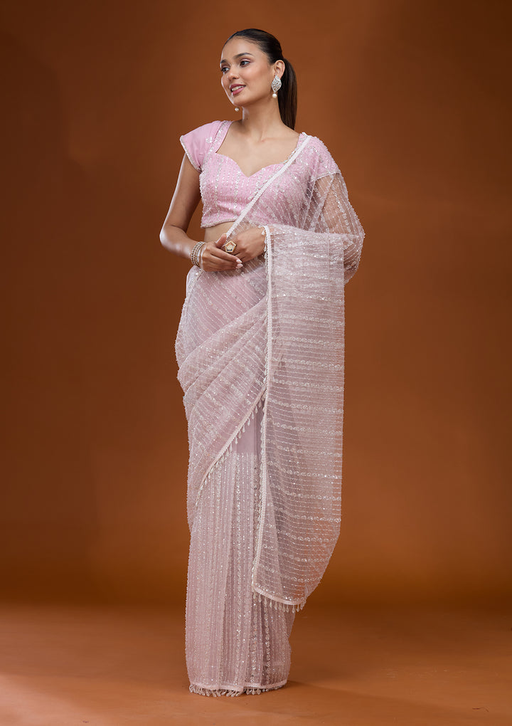 Baby Pink Sequins Net Saree