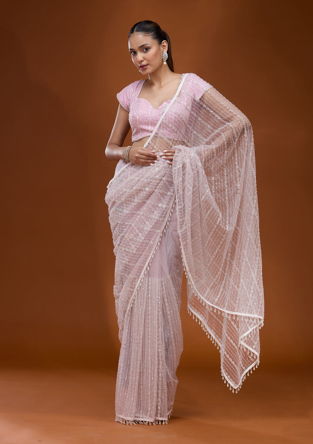 Baby Pink Sequins Net Saree