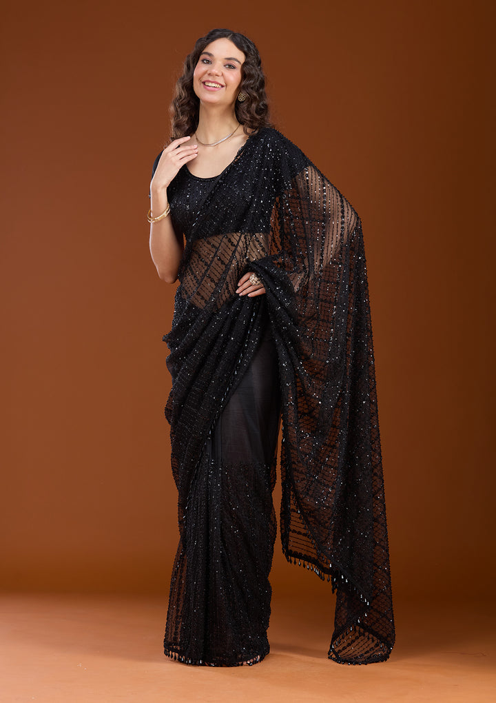 Black Sequins Net Saree