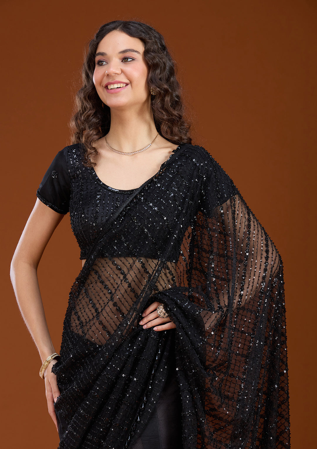 Black Sequins Net Saree