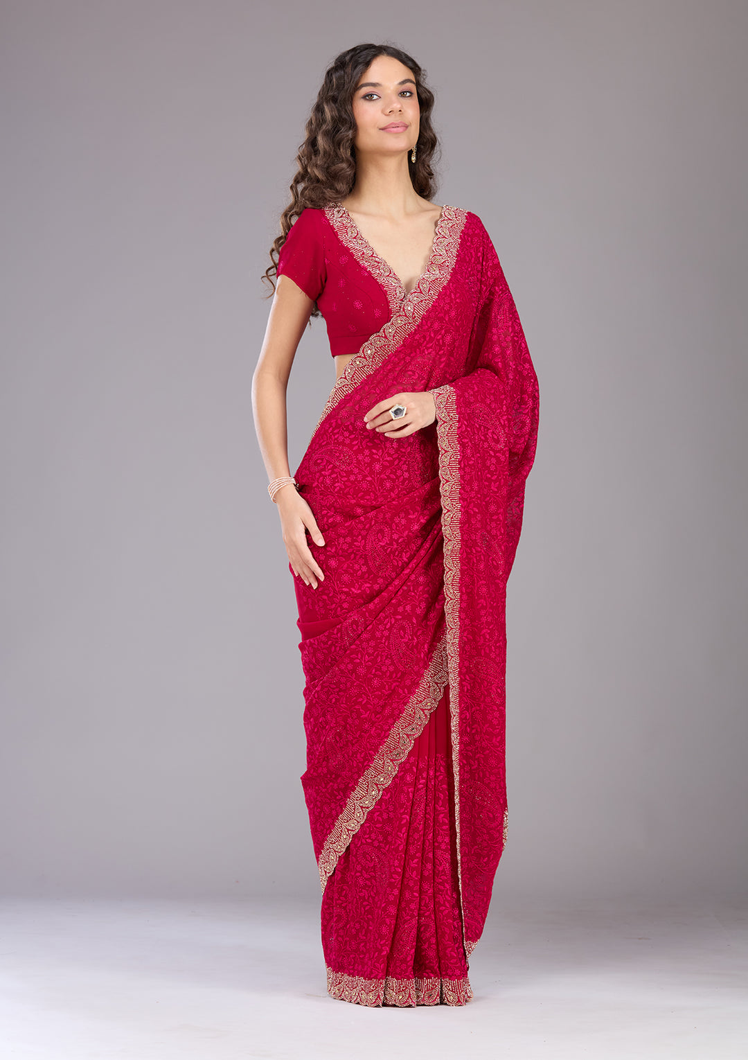 Magenta Pink Threadwork Georgette Saree