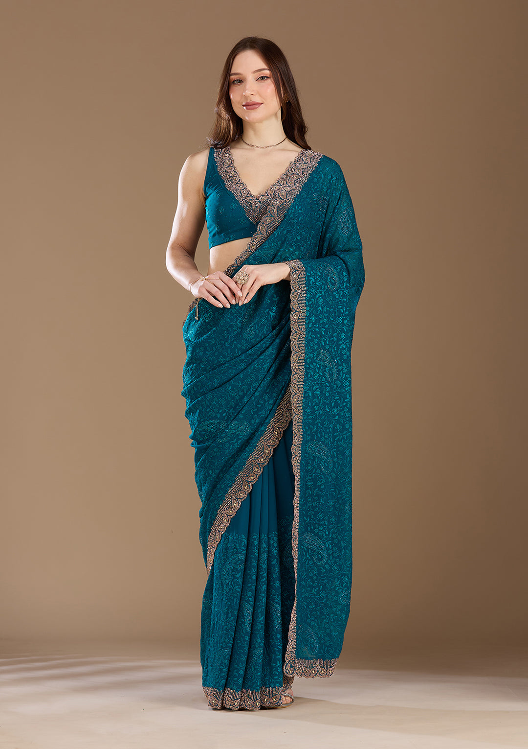 Peacock Blue Threadwork Georgette Saree