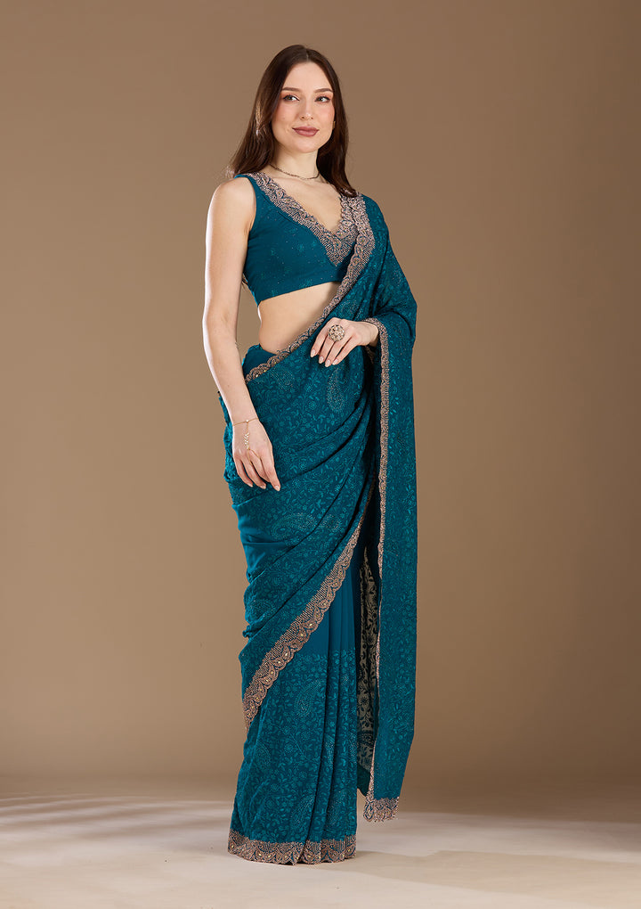 Peacock Blue Threadwork Georgette Saree