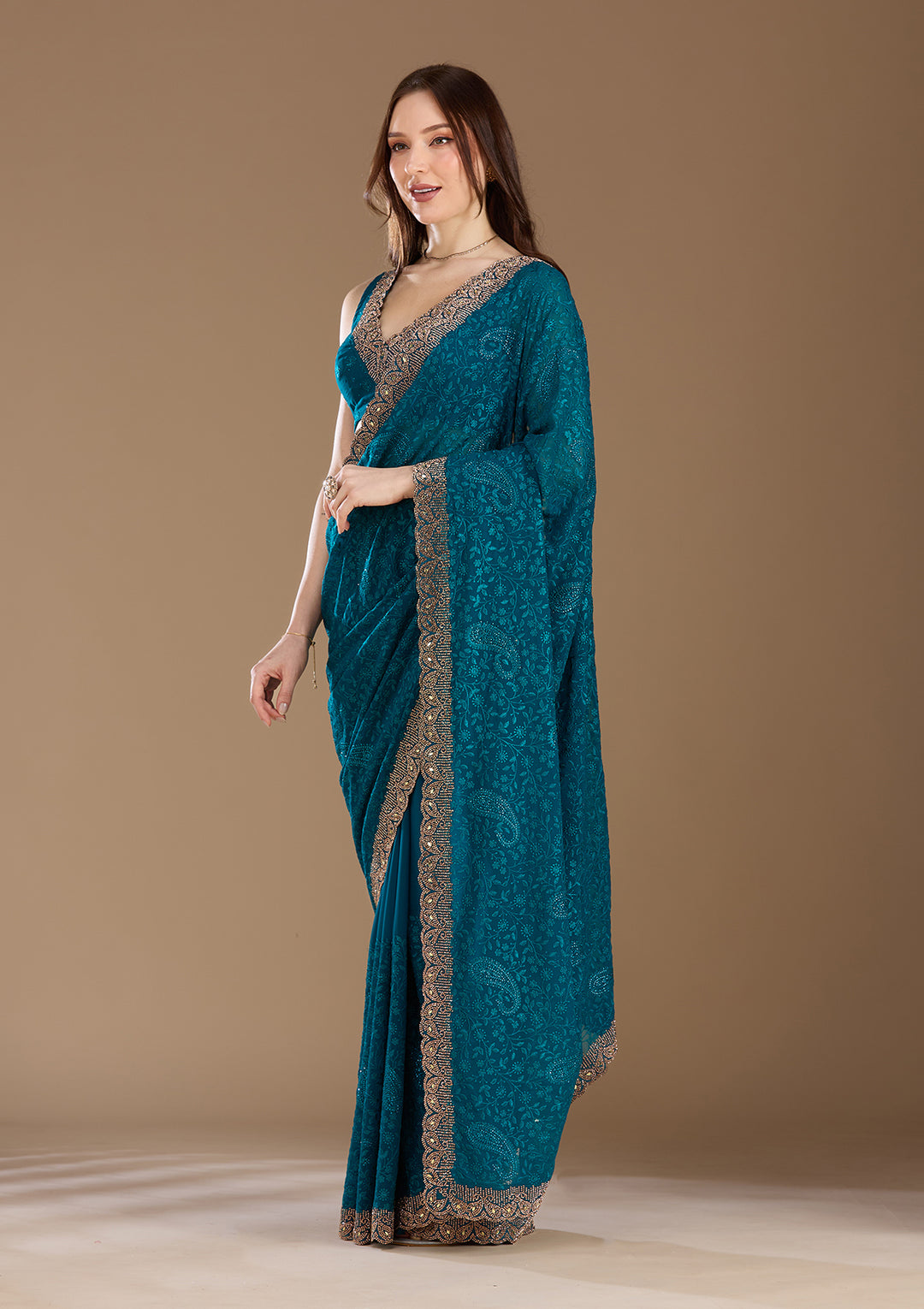 Peacock Blue Threadwork Georgette Saree